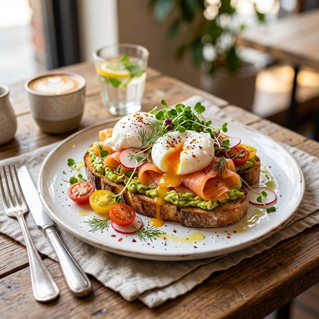 Desayuno gourmet con aguacate y huevos poché