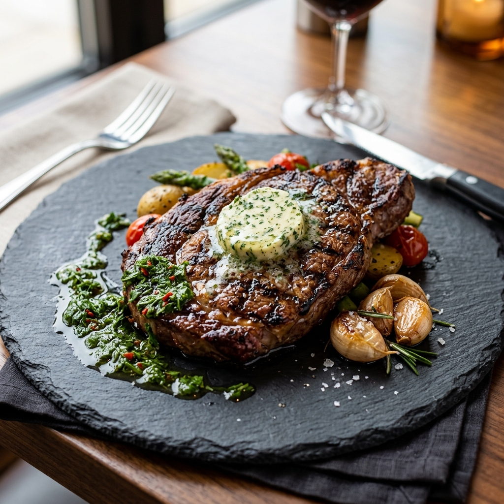 Bife de chorizo madurado asado con mantequilla de hierbas